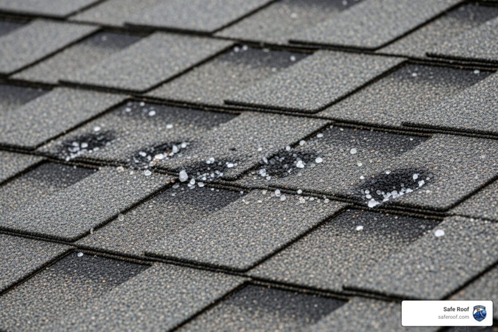 Minor hail damage impact on residential roof showing granule loss